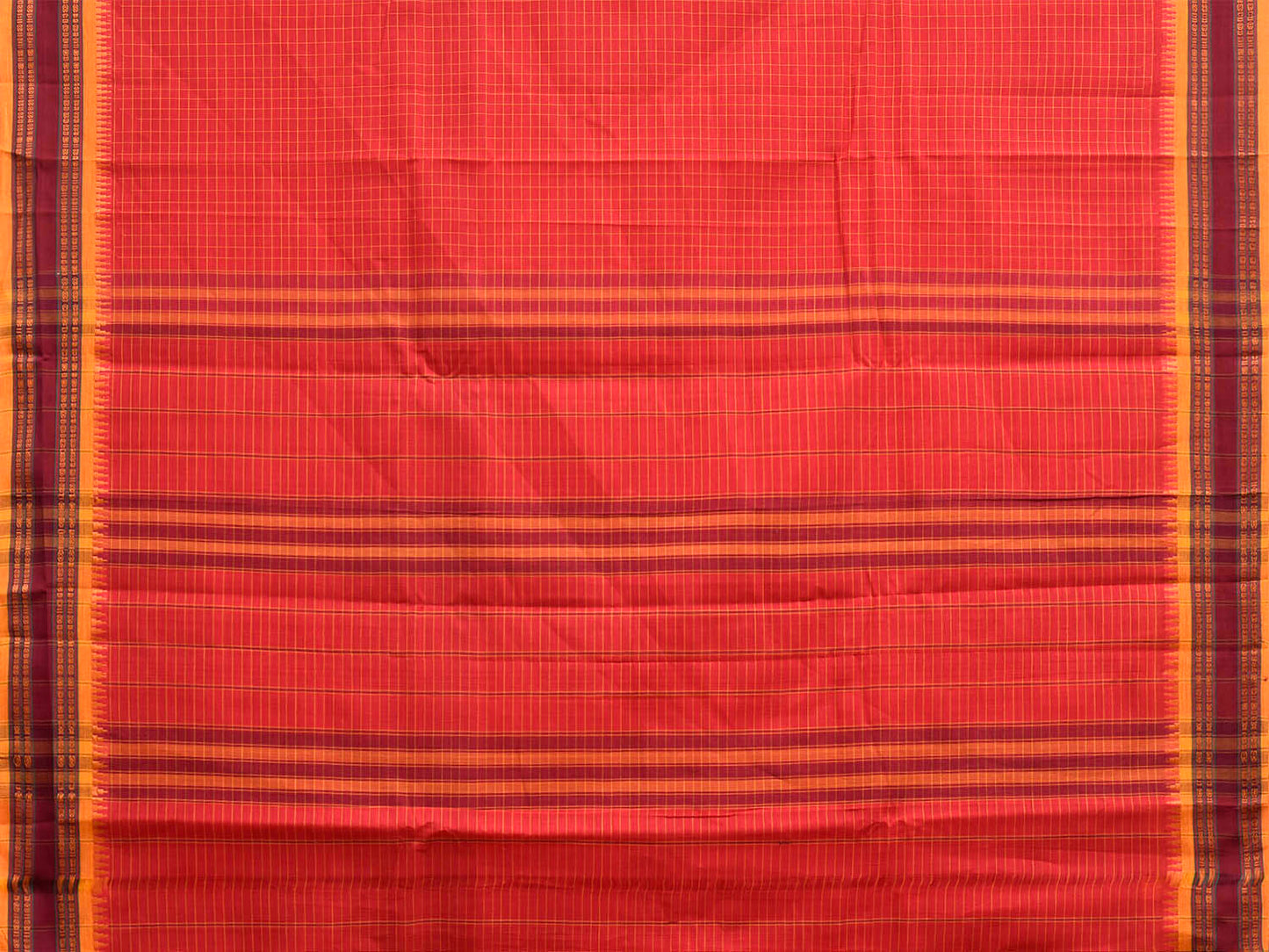 Red and Yellow Narayanpet Cotton Handloom Saree with Checks Design No Blouse np1462