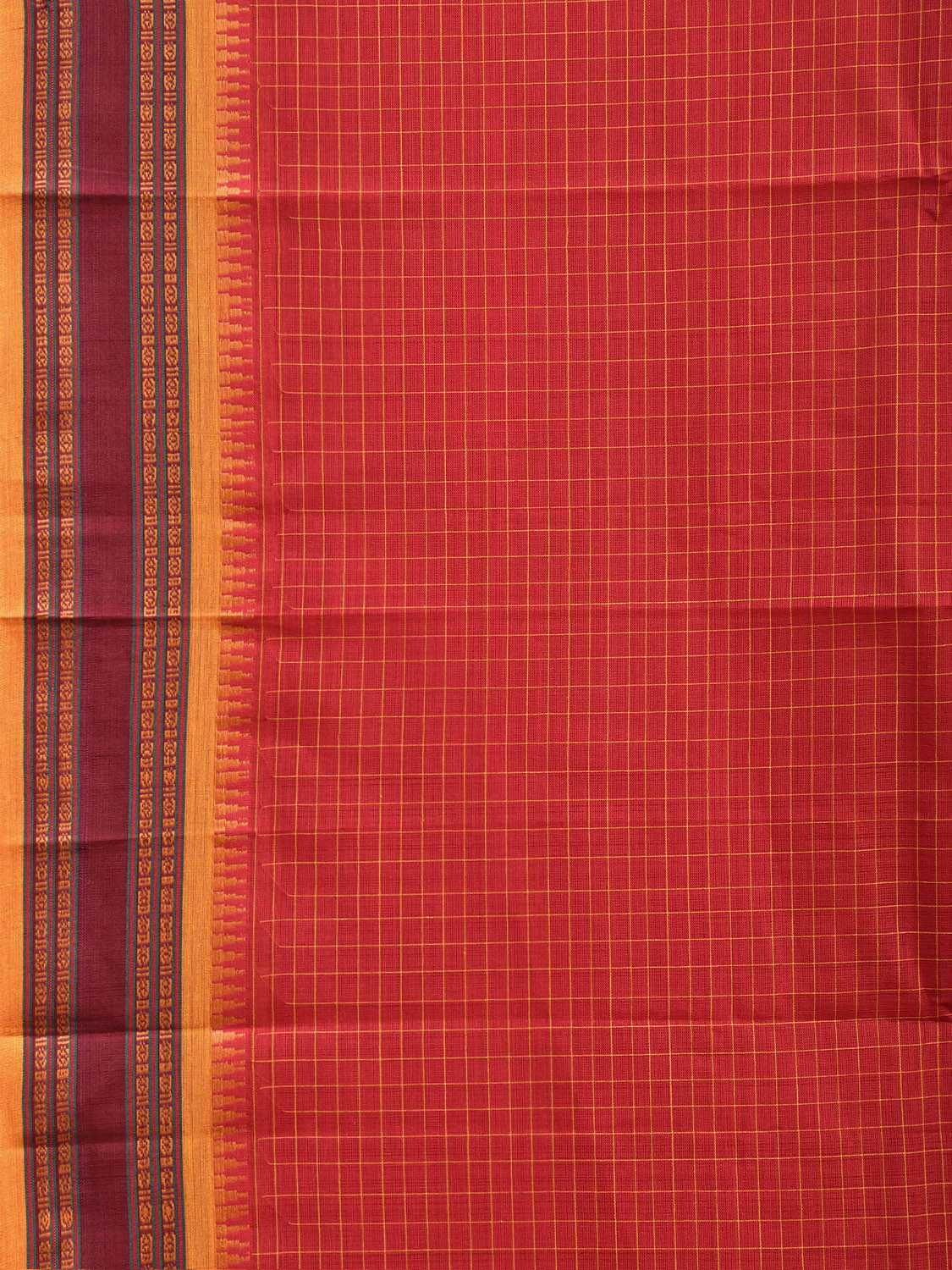 Red and Yellow Narayanpet Cotton Handloom Saree with Checks Design No Blouse np1462