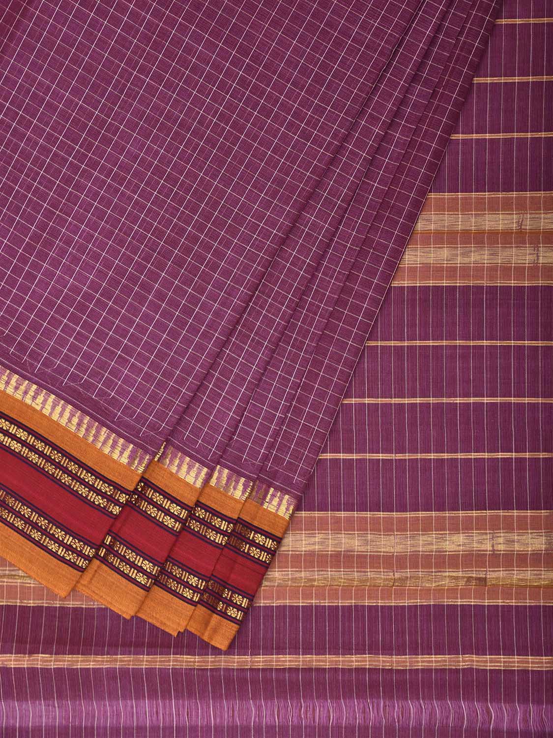 Purple and Yellow Narayanpet Cotton Handloom Saree with Checks Design No Blouse np1463