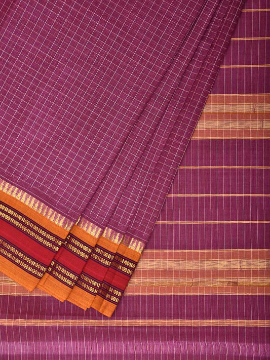 Purple and Yellow Narayanpet Cotton Handloom Saree with Checks Design No Blouse np1463
