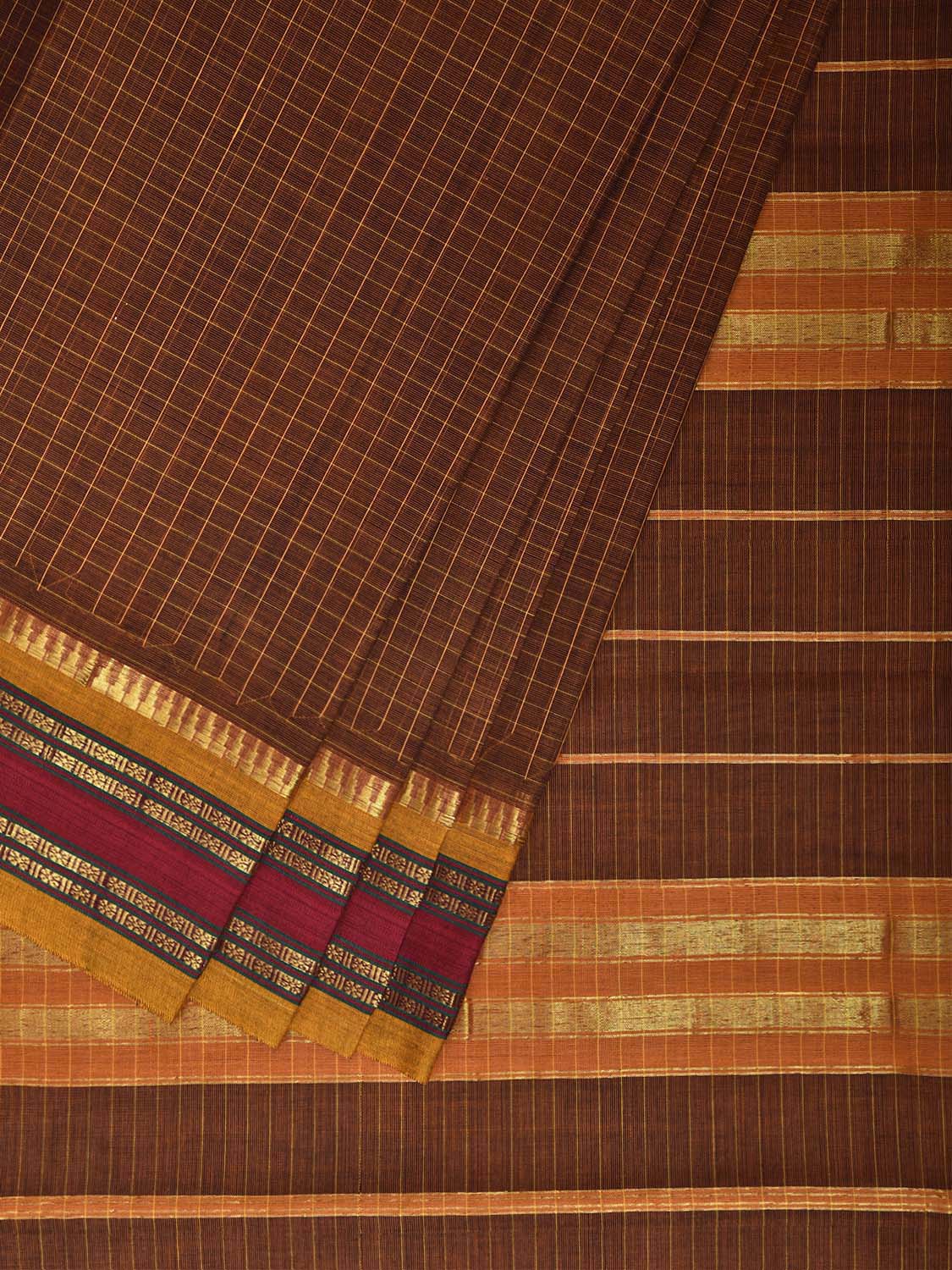 Dark Fawn and Yellow Narayanpet Cotton Handloom Saree with Checks Design No Blouse np1464