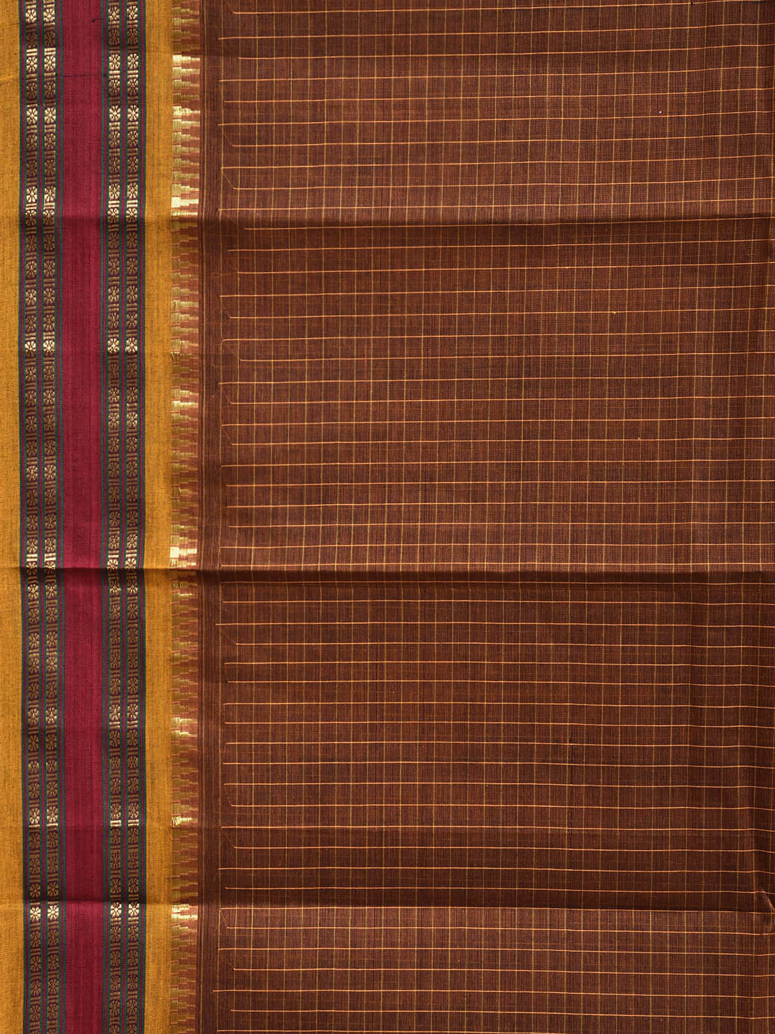 Dark Fawn and Yellow Narayanpet Cotton Handloom Saree with Checks Design No Blouse np1464
