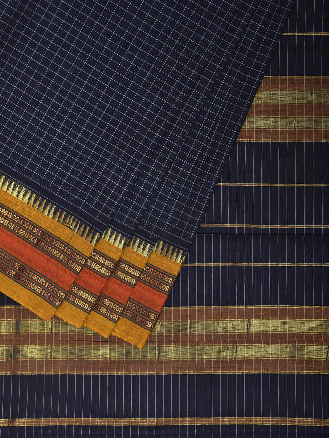 Dark Blue and Yellow Narayanpet Cotton Handloom Saree with Checks Design No Blouse np1465