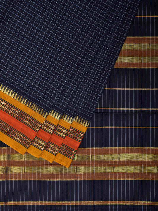 Dark Blue and Yellow Narayanpet Cotton Handloom Saree with Checks Design No Blouse np1465
