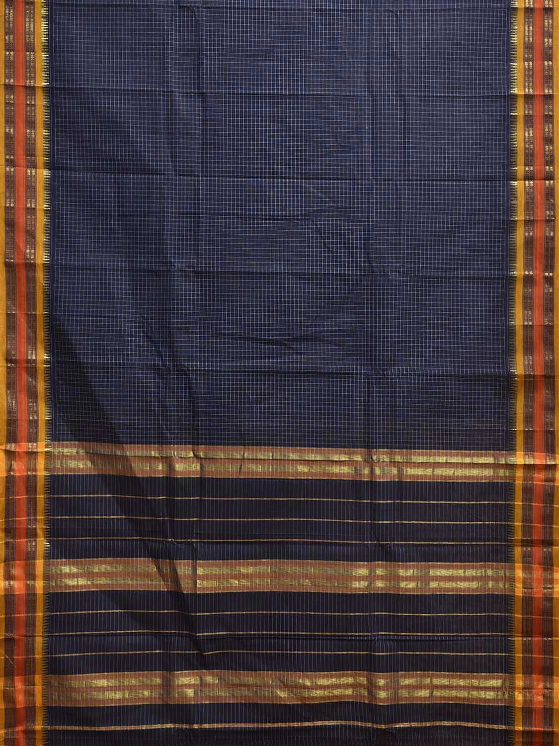 Dark Blue and Yellow Narayanpet Cotton Handloom Saree with Checks Design No Blouse np1465