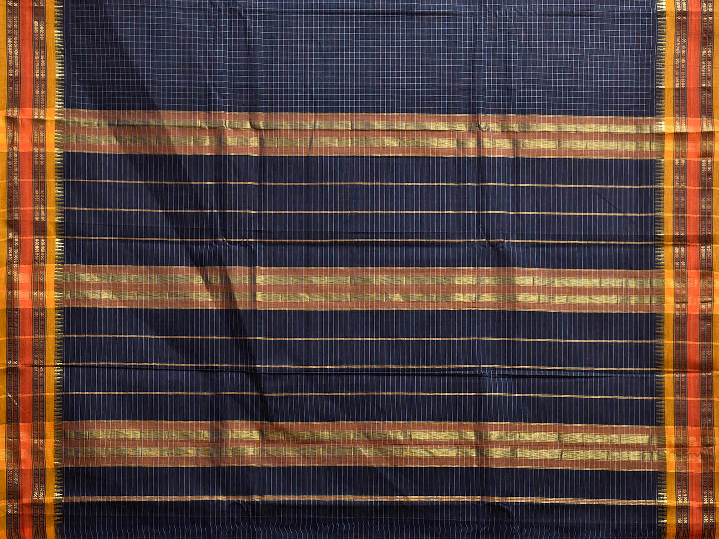 Dark Blue and Yellow Narayanpet Cotton Handloom Saree with Checks Design No Blouse np1465