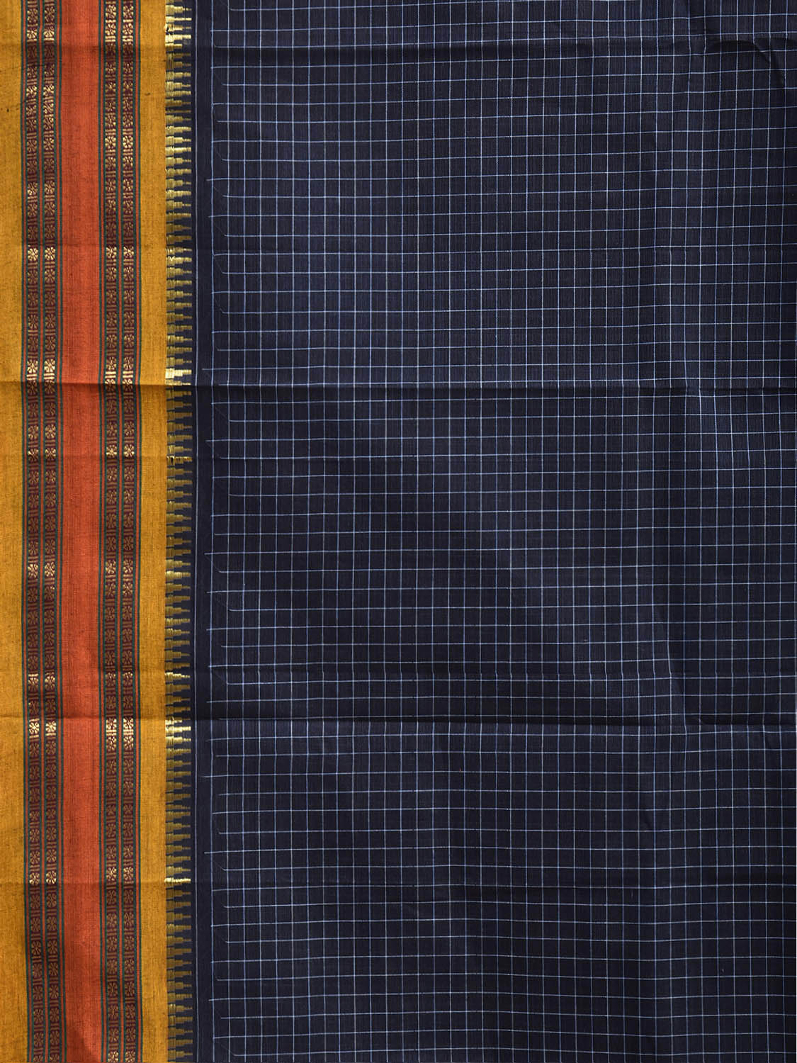 Dark Blue and Yellow Narayanpet Cotton Handloom Saree with Checks Design No Blouse np1465