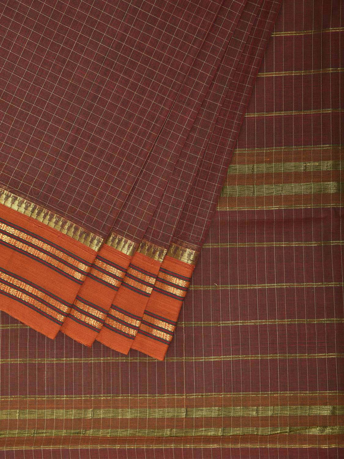 Dark Rust and Orange Narayanpet Cotton Handloom Saree with Checks Design No Blouse np1466