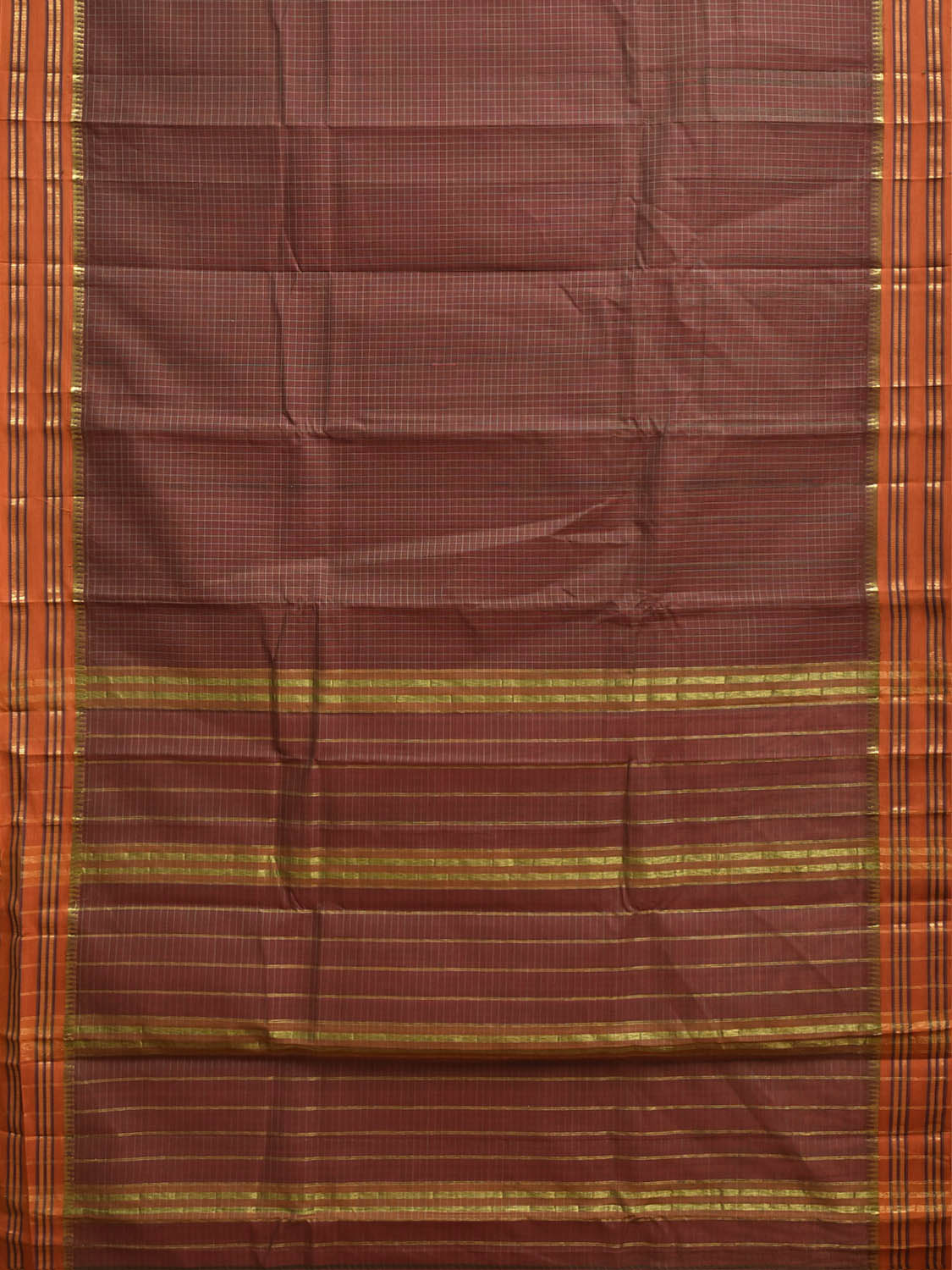 Dark Rust and Orange Narayanpet Cotton Handloom Saree with Checks Design No Blouse np1466