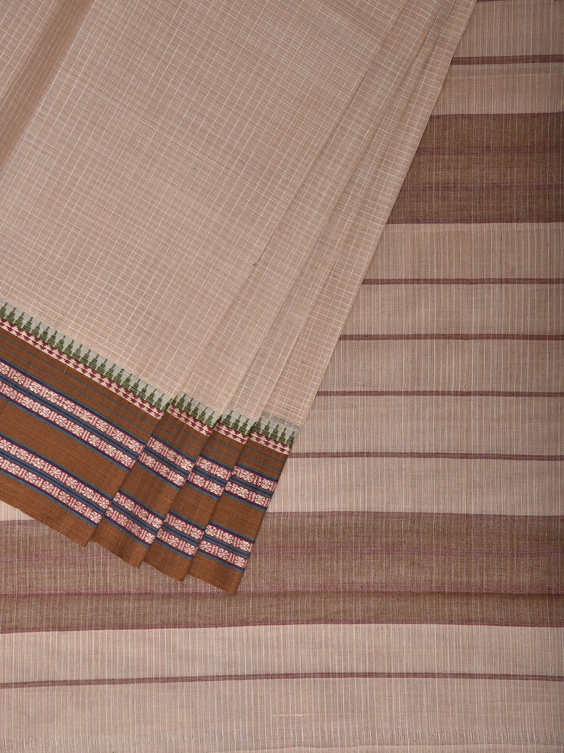 White and Olive Narayanpet Cotton Handloom Saree with Checks Design No Blouse np1467