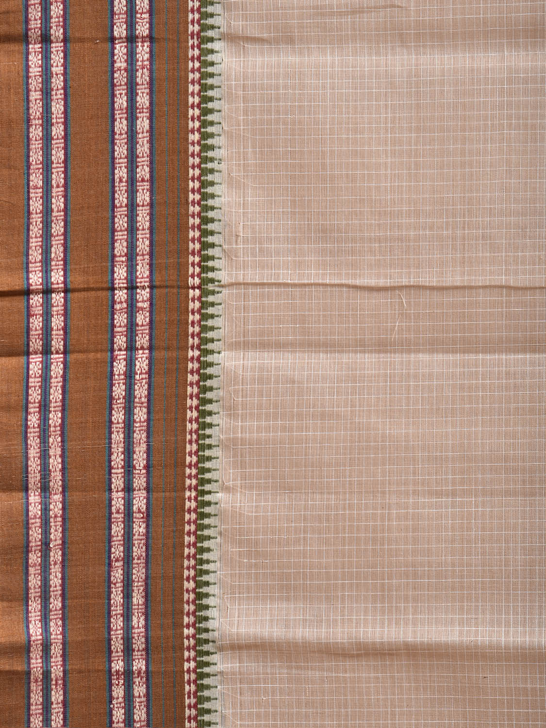 White and Olive Narayanpet Cotton Handloom Saree with Checks Design No Blouse np1467