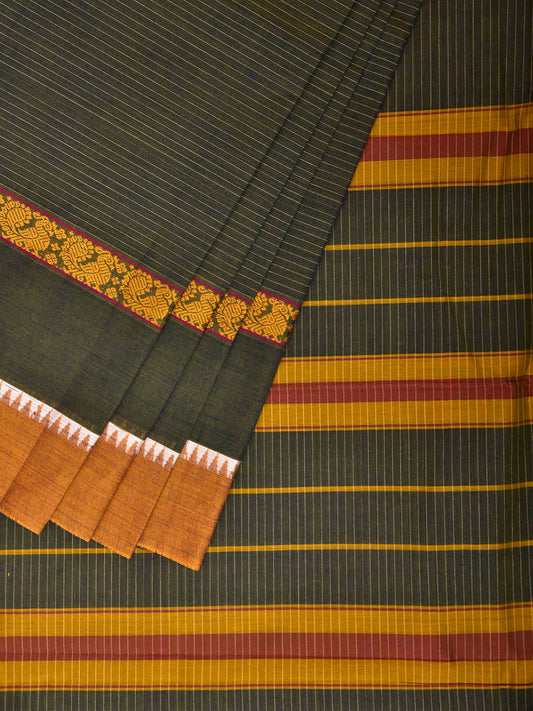 Dark Green and Yellow Narayanpet Cotton Handloom Saree with Strips and Big Border Design No Blouse np1469