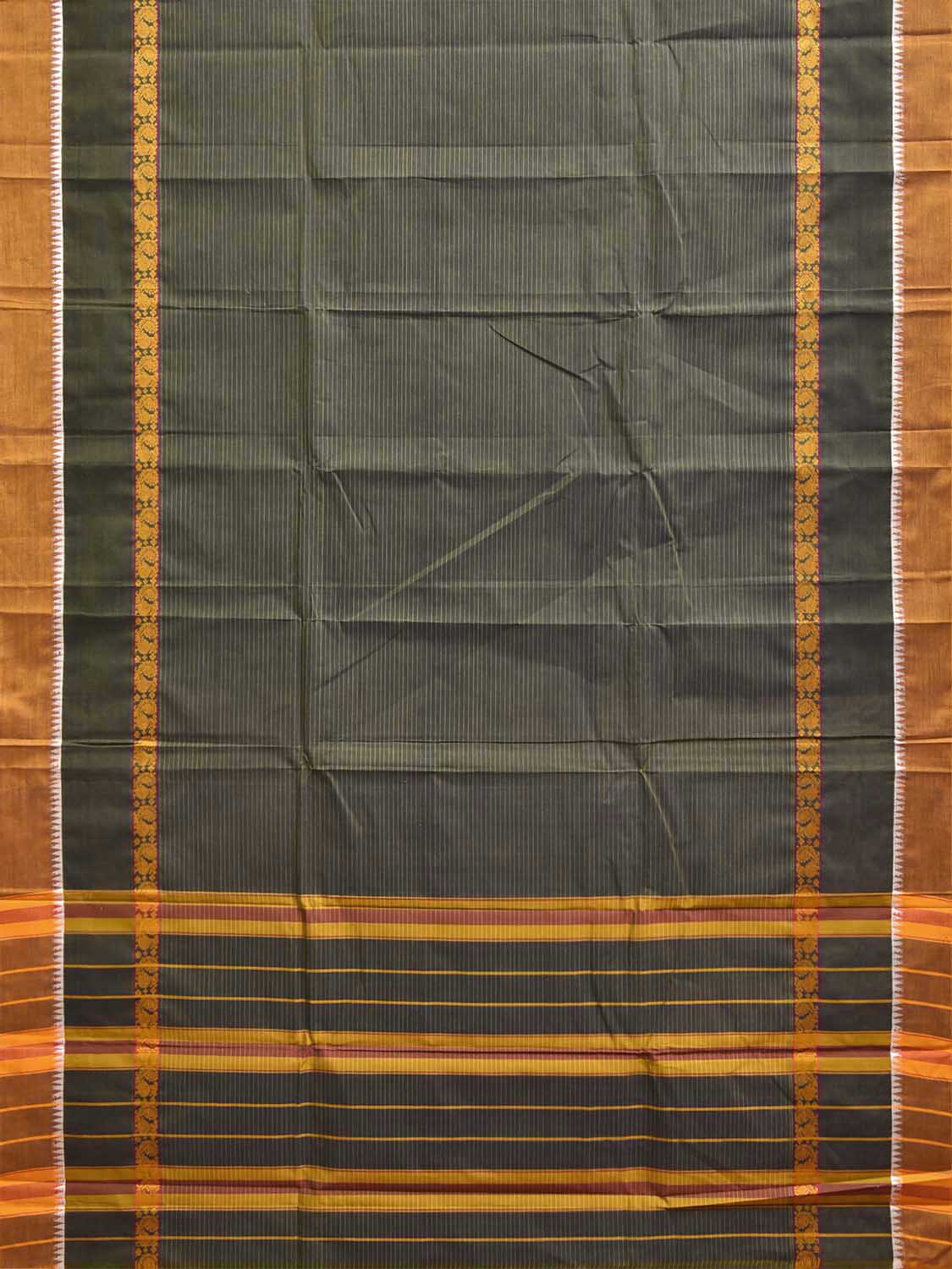 Dark Green and Yellow Narayanpet Cotton Handloom Saree with Strips and Big Border Design No Blouse np1469