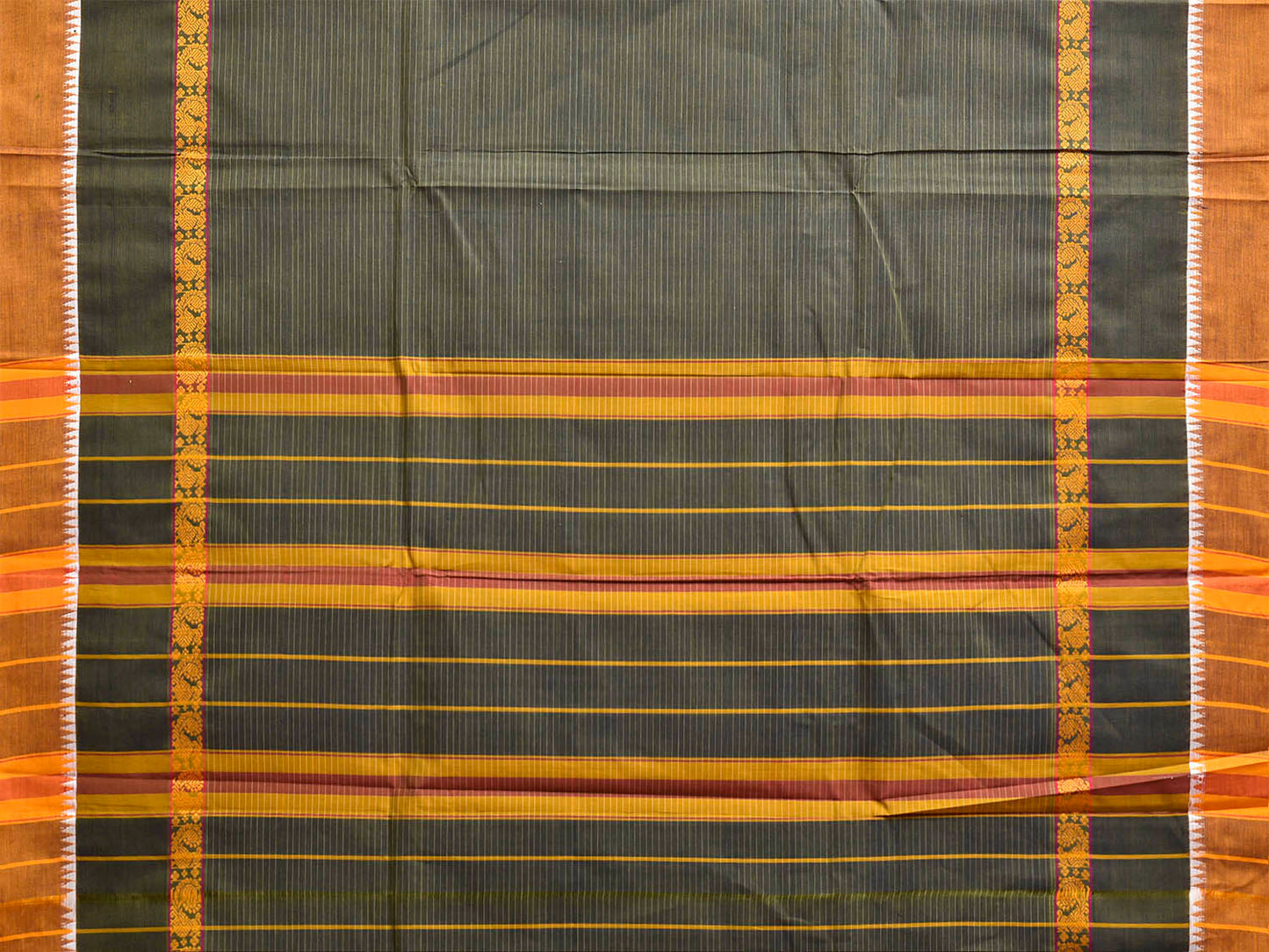 Dark Green and Yellow Narayanpet Cotton Handloom Saree with Strips and Big Border Design No Blouse np1469