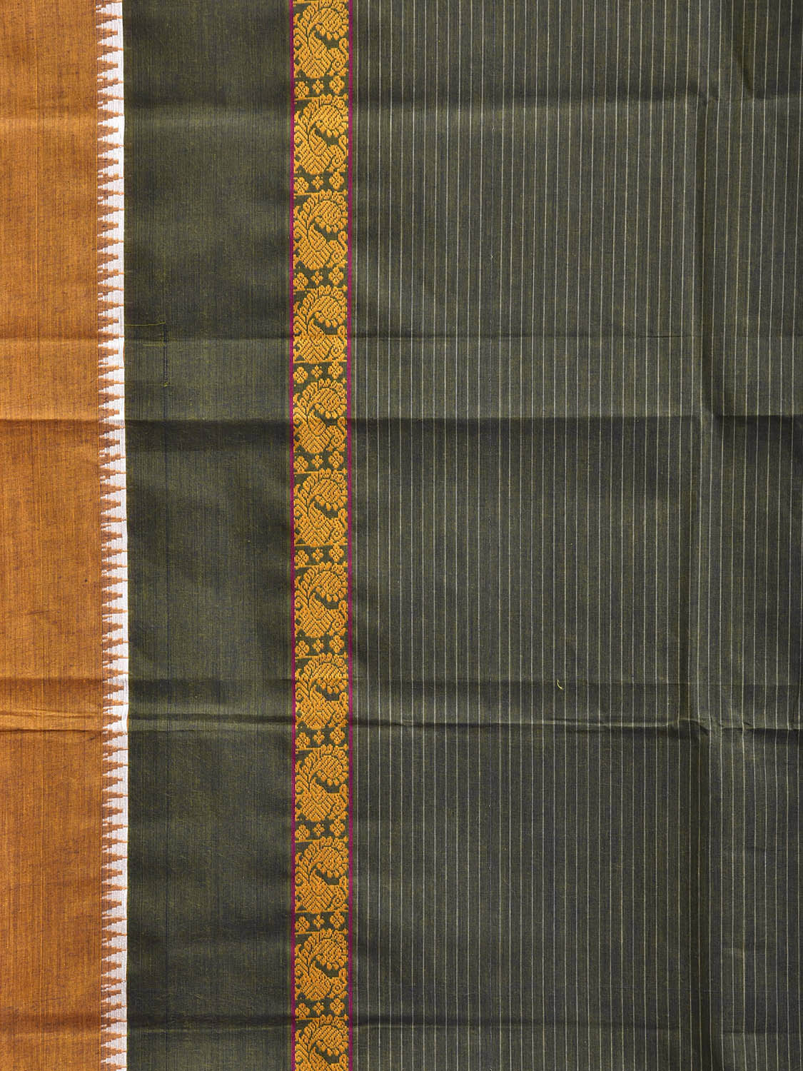 Dark Green and Yellow Narayanpet Cotton Handloom Saree with Strips and Big Border Design No Blouse np1469