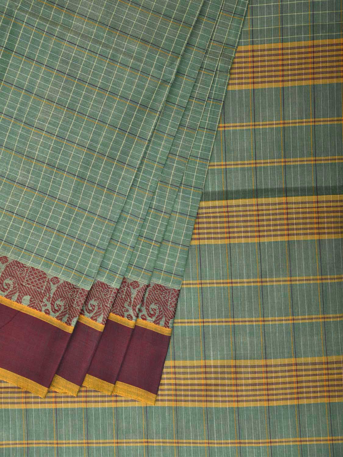 Light Green and Maroon Narayanpet Cotton Handloom Saree with Strips and Elephant Border Design No Blouse np1470