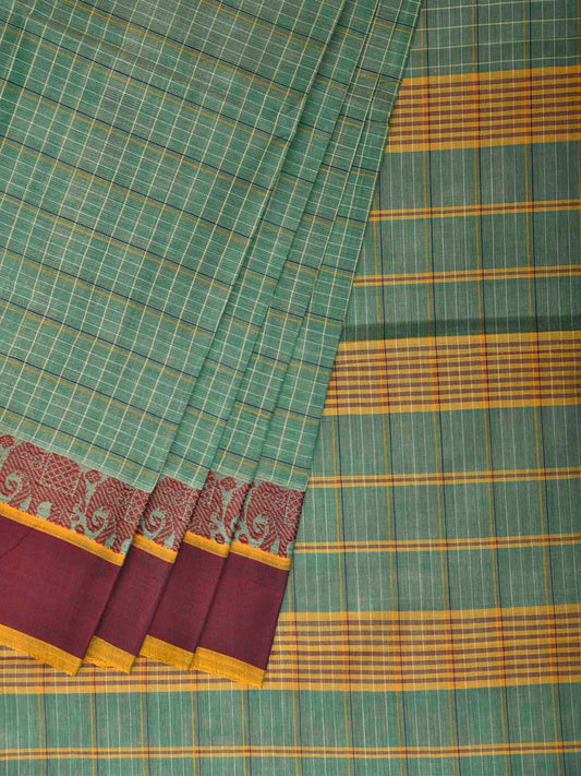 Light Green and Maroon Narayanpet Cotton Handloom Saree with Strips and Elephant Border Design No Blouse np1470