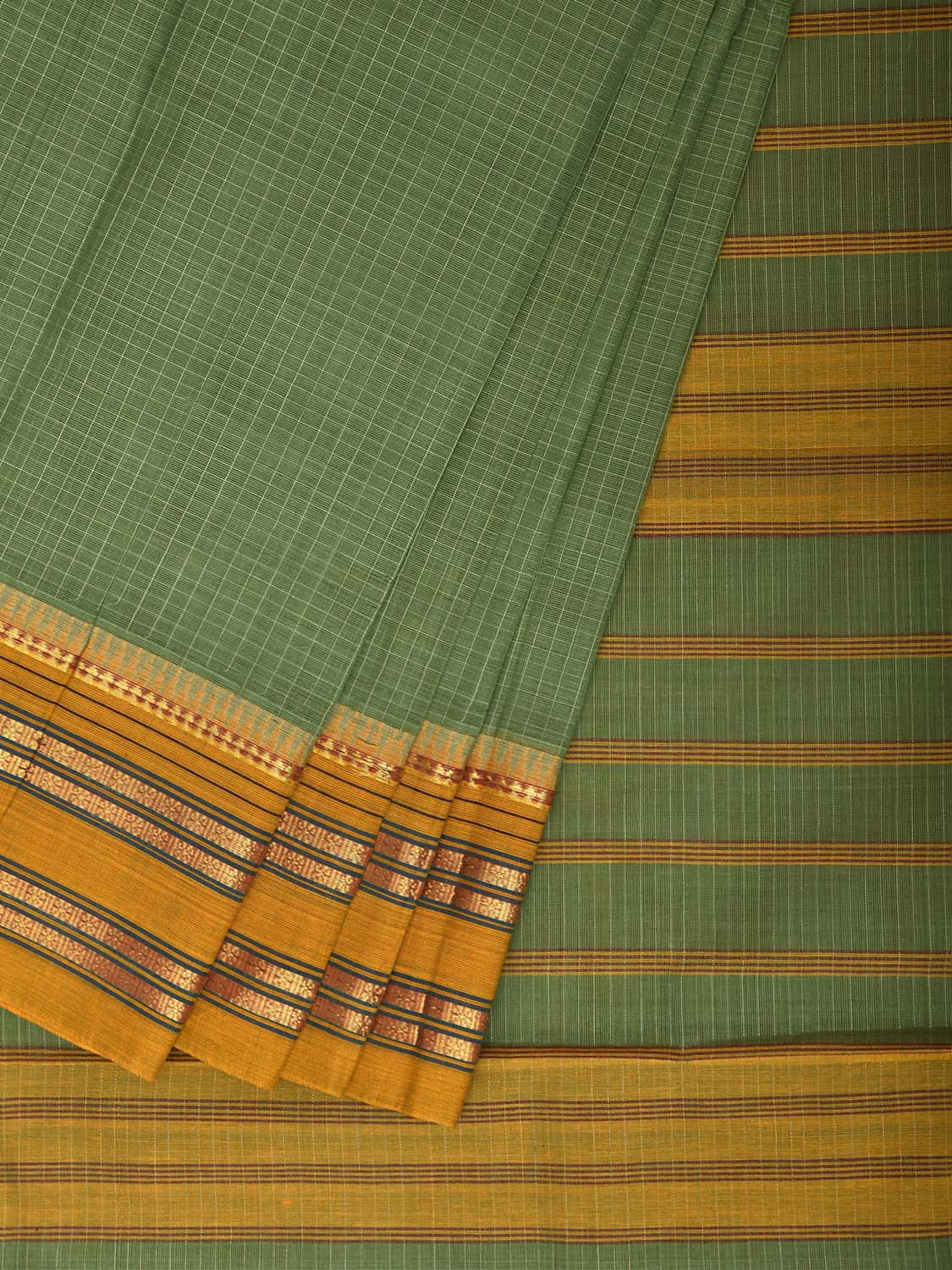 Green and Yellow Narayanpet Cotton Handloom Saree with Checks Design No Blouse np1472