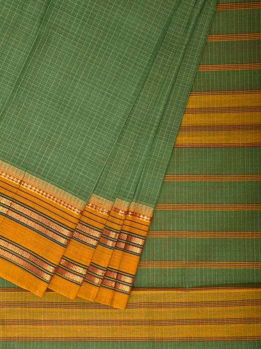 Green and Yellow Narayanpet Cotton Handloom Saree with Checks Design No Blouse np1472