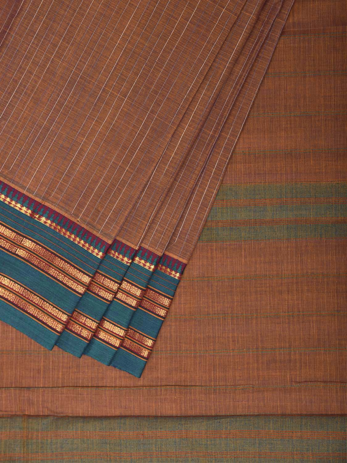Fawn and Teal Narayanpet Cotton Handloom Saree with Strips Design No Blouse np1473