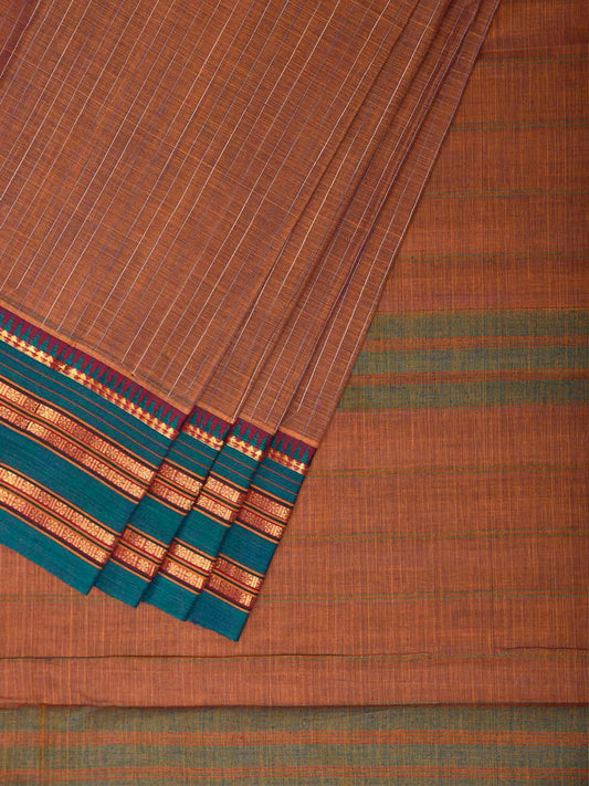Fawn and Teal Narayanpet Cotton Handloom Saree with Strips Design No Blouse np1473