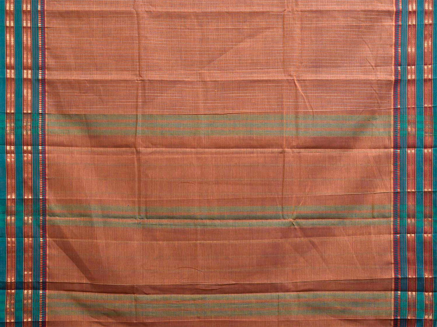 Fawn and Teal Narayanpet Cotton Handloom Saree with Strips Design No Blouse np1473