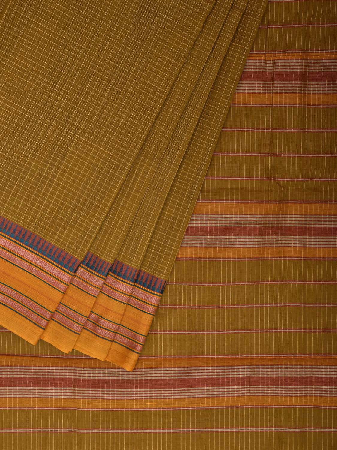 Olive and Yellow Narayanpet Cotton Handloom Saree with Checks Design No Blouse np1474