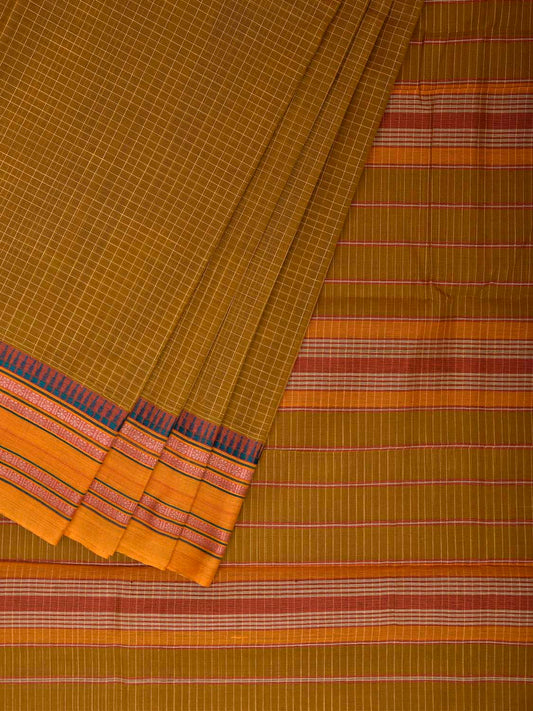 Olive and Yellow Narayanpet Cotton Handloom Saree with Checks Design No Blouse np1474