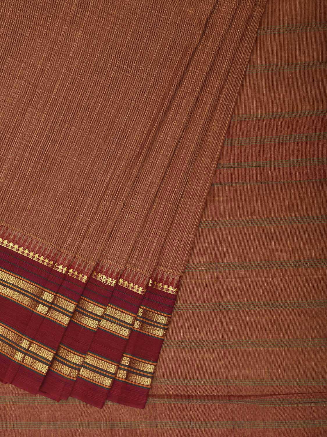 Fawn and Dark Red Narayanpet Cotton Handloom Saree with Checks Design No Blouse np1475