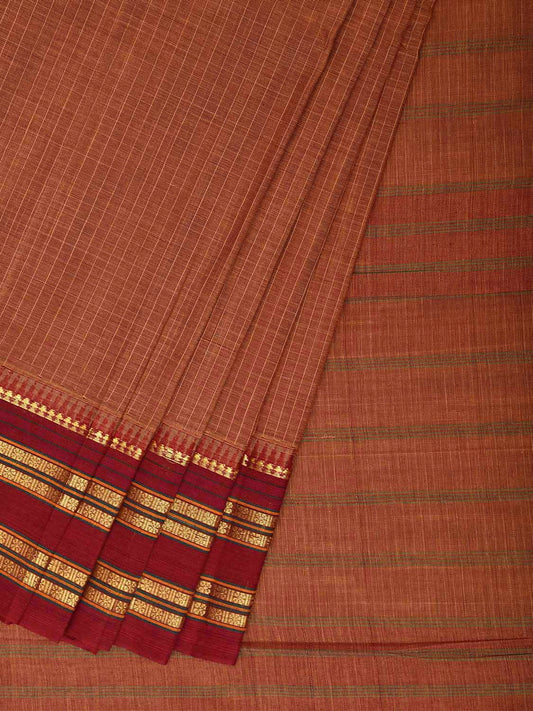 Fawn and Dark Red Narayanpet Cotton Handloom Saree with Checks Design No Blouse np1475