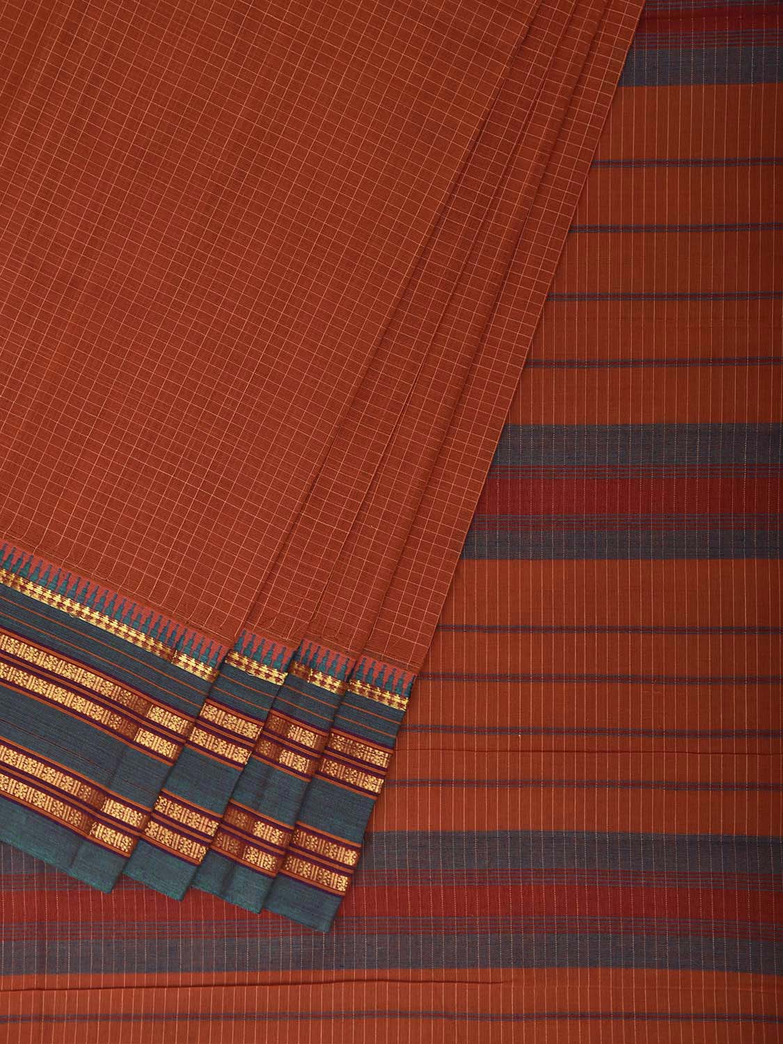 Rust and Green Narayanpet Cotton Handloom Saree with Checks Design No Blouse np1477