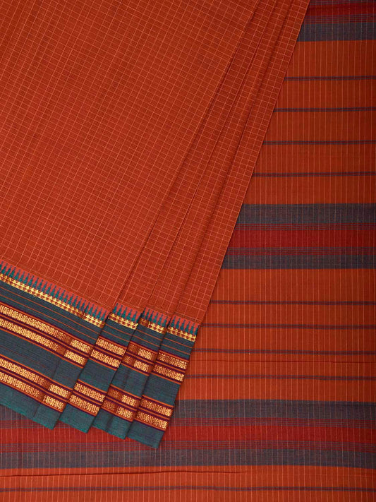 Rust and Green Narayanpet Cotton Handloom Saree with Checks Design No Blouse np1477