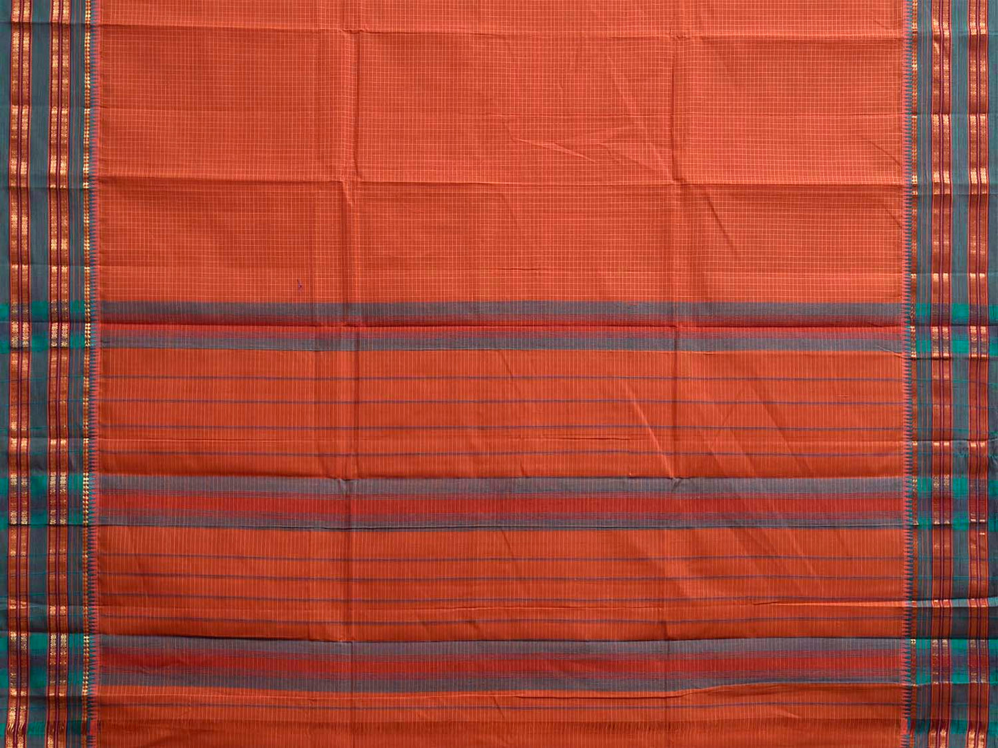 Rust and Green Narayanpet Cotton Handloom Saree with Checks Design No Blouse np1477