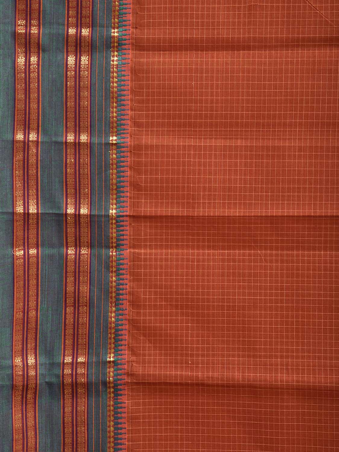 Rust and Green Narayanpet Cotton Handloom Saree with Checks Design No Blouse np1477