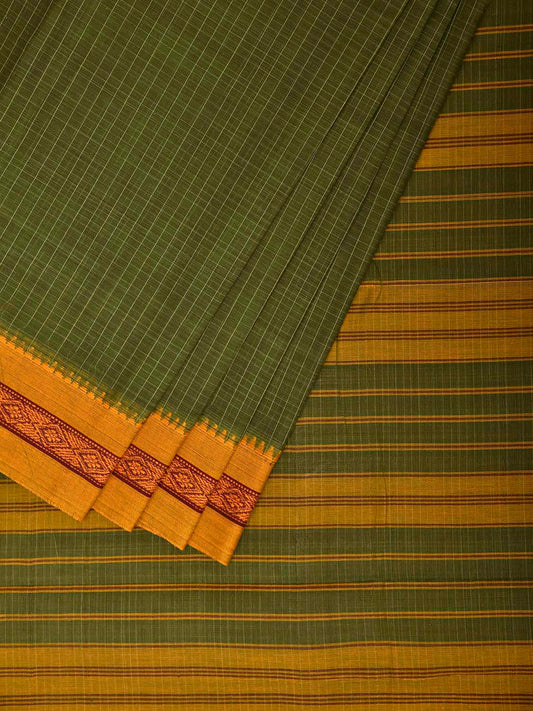 Green and Yellow Narayanpet Cotton Handloom Saree with Checks Design No Blouse np1478