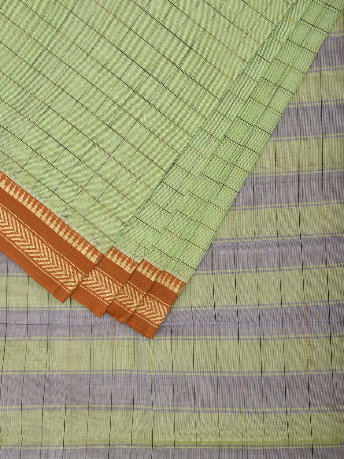 Light Green and Orange Narayanpet Cotton Handloom Saree with Big Checks Design No Blouse np1481