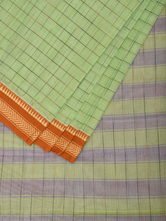 Light Green and Orange Narayanpet Cotton Handloom Saree with Big Checks Design No Blouse np1481