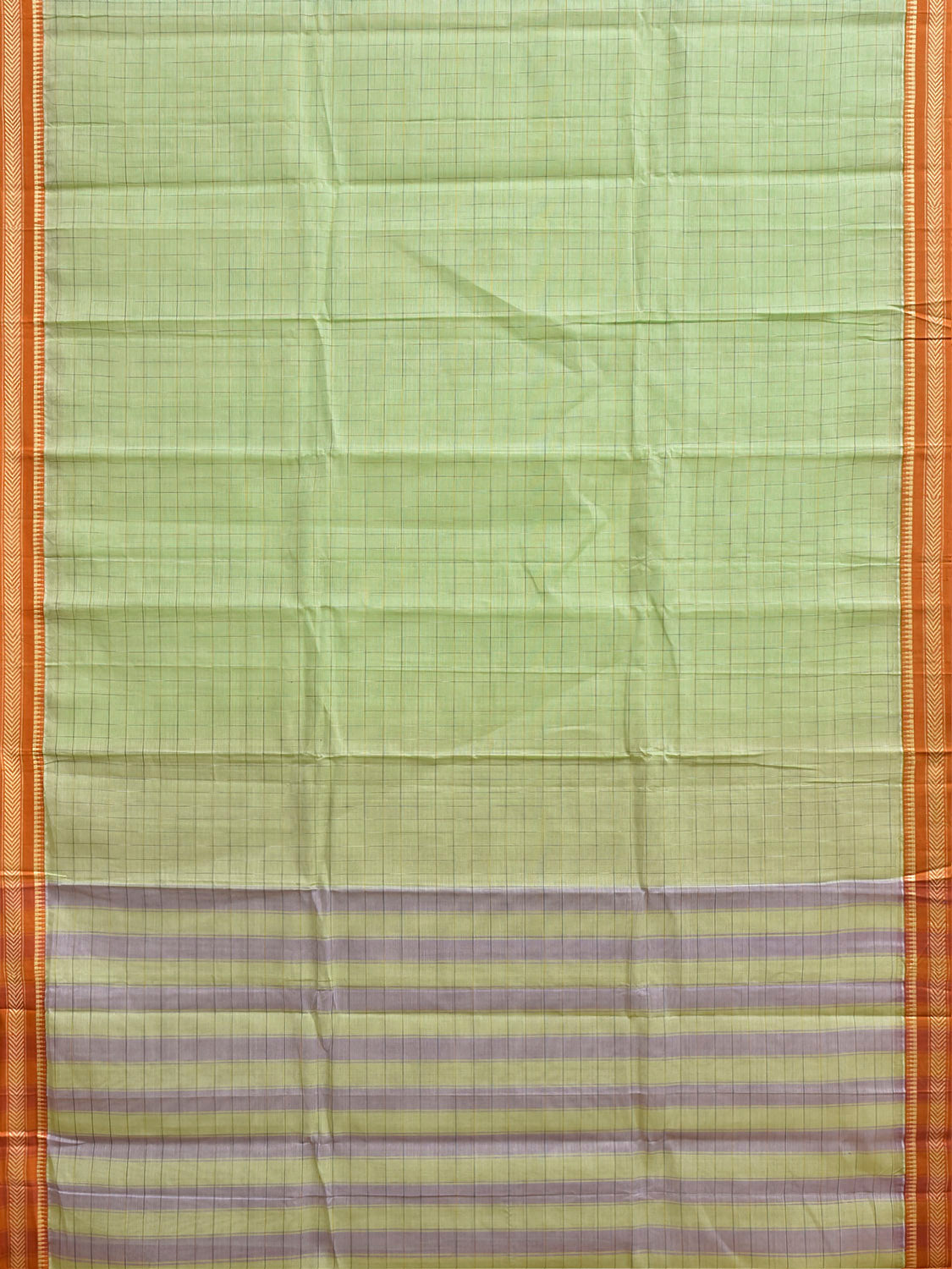 Light Green and Orange Narayanpet Cotton Handloom Saree with Big Checks Design No Blouse np1481