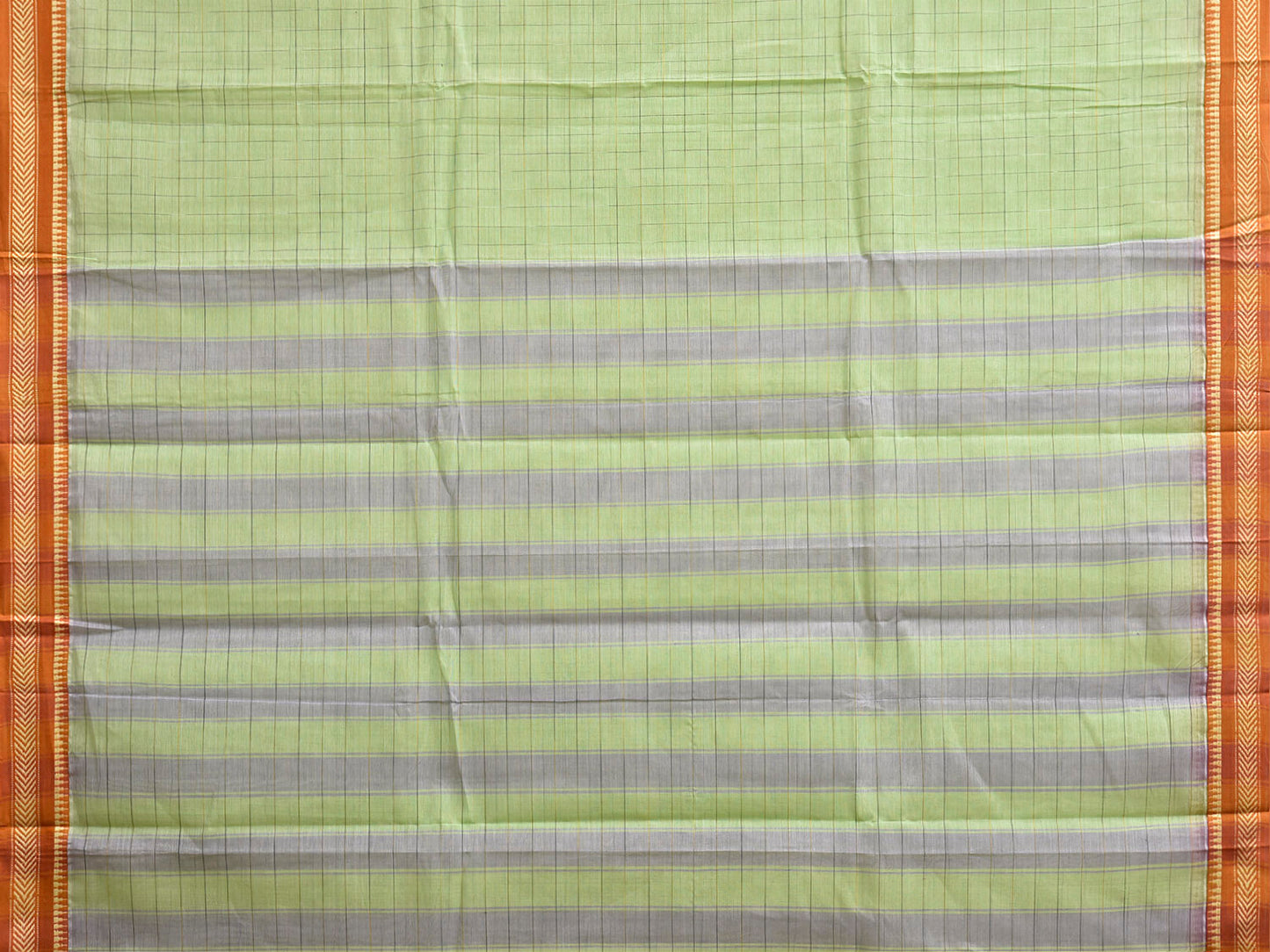 Light Green and Orange Narayanpet Cotton Handloom Saree with Big Checks Design No Blouse np1481