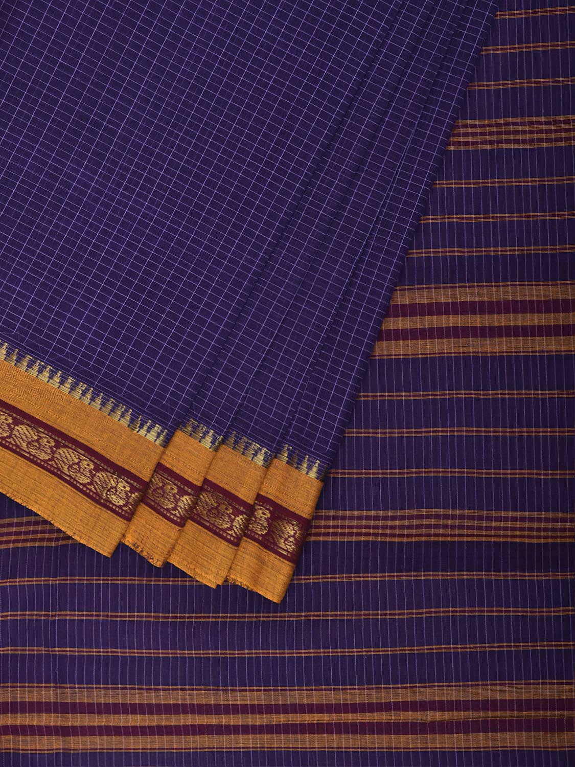 Dark Blue and Yellow Narayanpet Cotton Handloom Saree with Checks Design No Blouse np1482