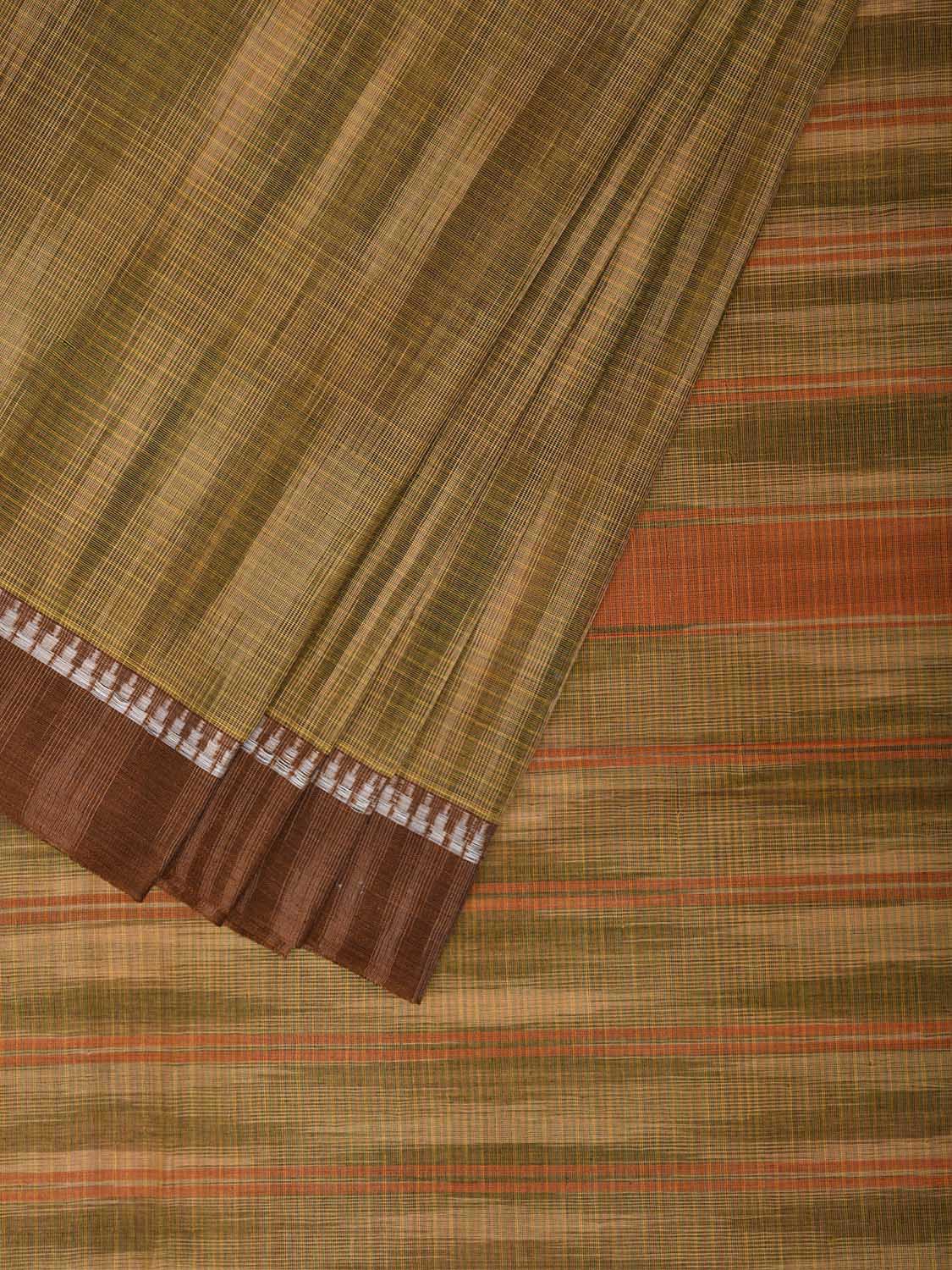 Olive and Cream Narayanpet Cotton Handloom Saree with Strips Pallu Design No Blouse np1484