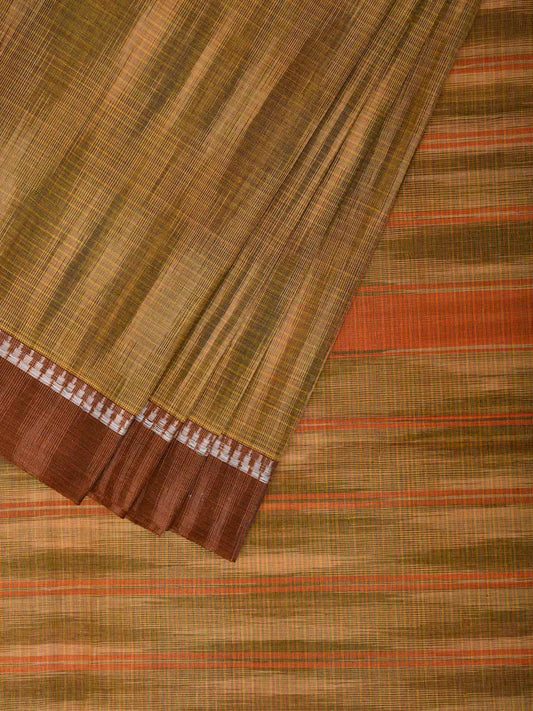 Olive and Cream Narayanpet Cotton Handloom Saree with Strips Pallu Design No Blouse np1484
