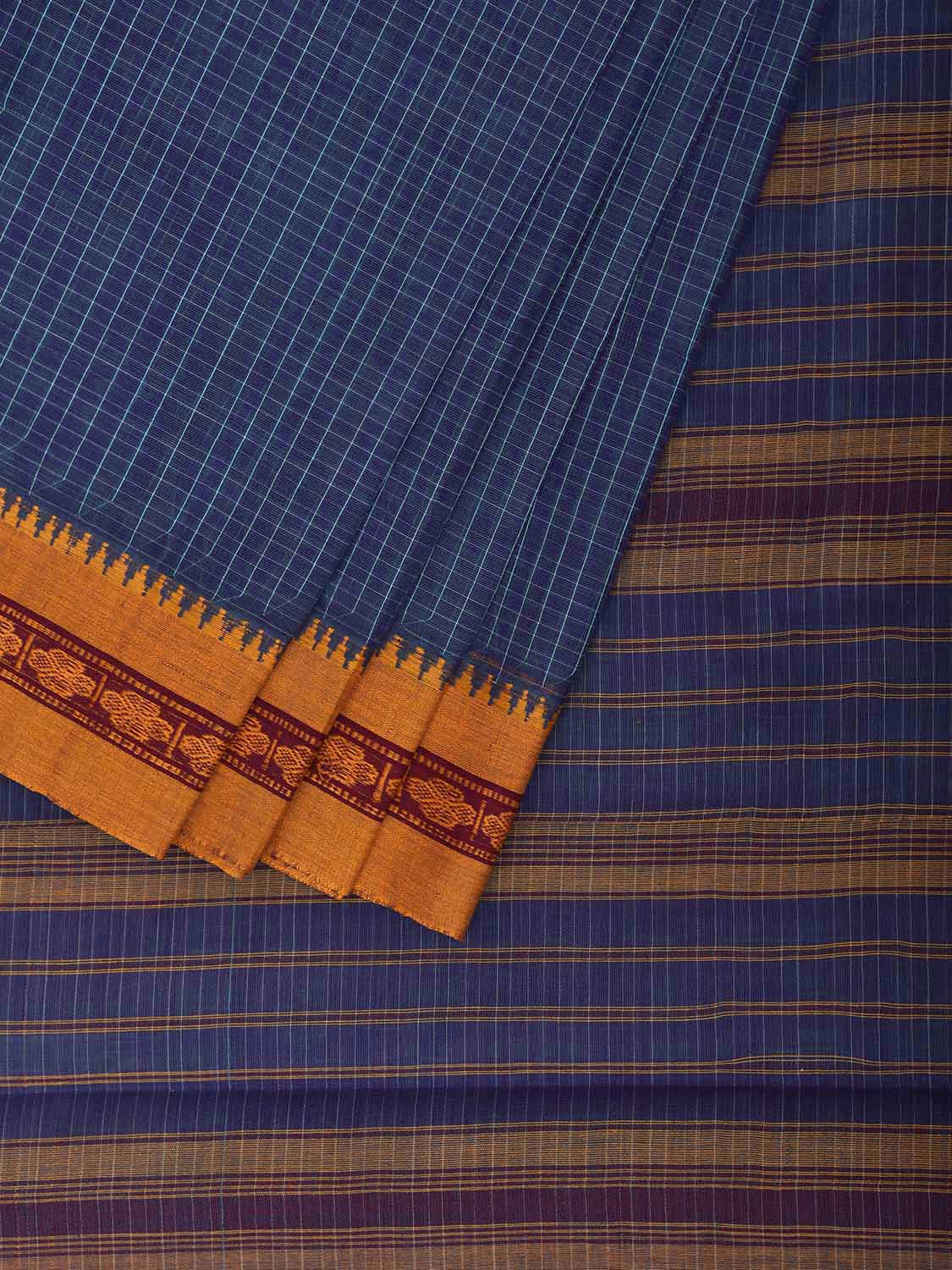 Blue and Yellow Narayanpet Cotton Handloom Saree with Checks Design No Blouse np1485