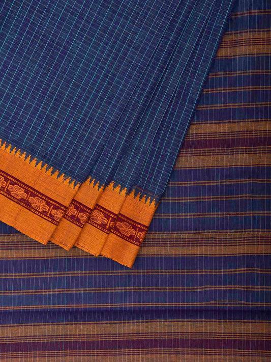 Blue and Yellow Narayanpet Cotton Handloom Saree with Checks Design No Blouse np1485