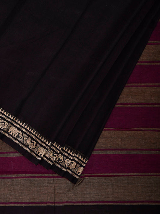 Black and Purple Narayanpet Cotton Plain Saree with Strips Pallu Design No Blouse np1486