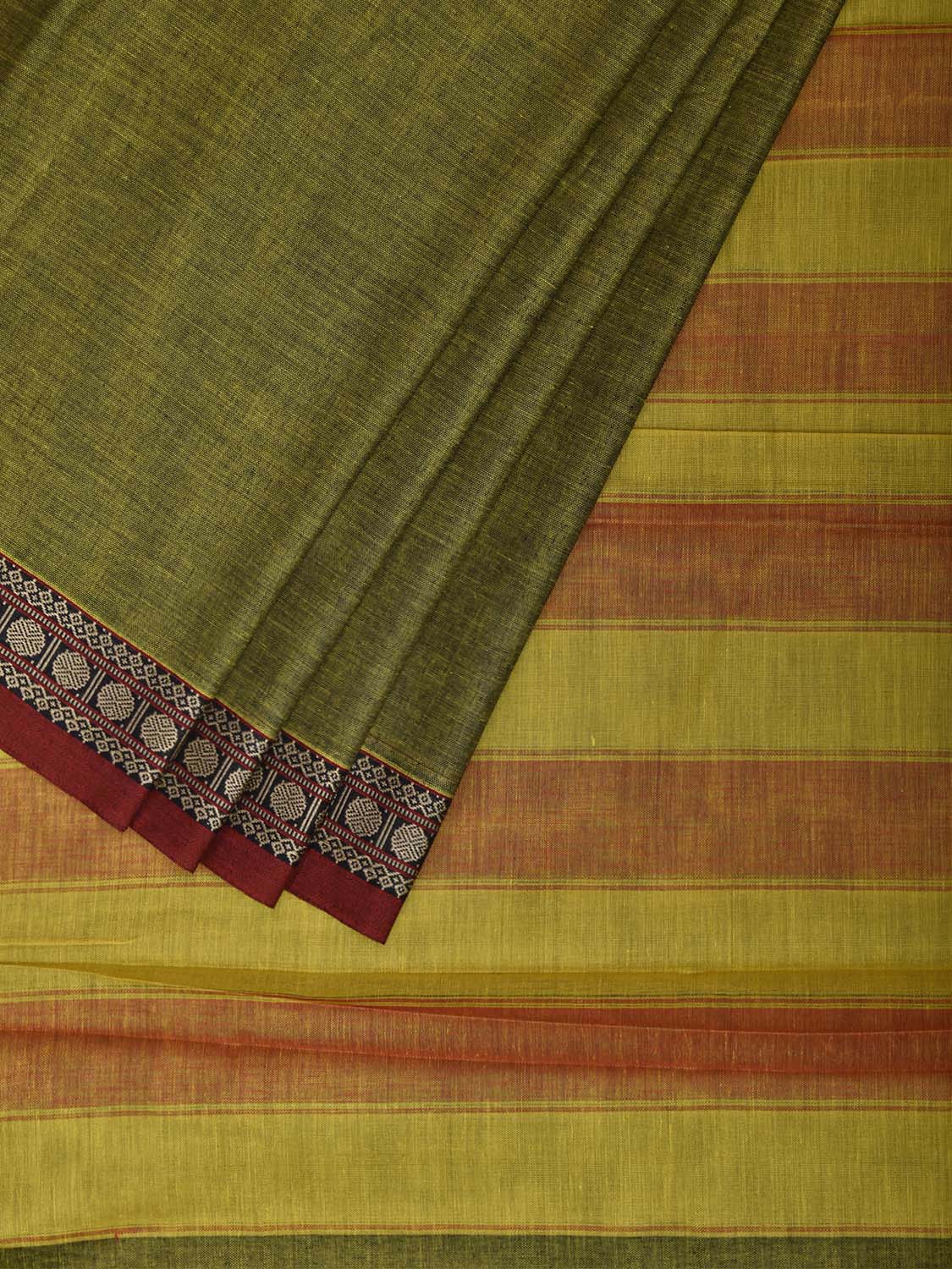 Green and Yellow Narayanpet Cotton Plain Saree with Strips Pallu Design No Blouse np1487