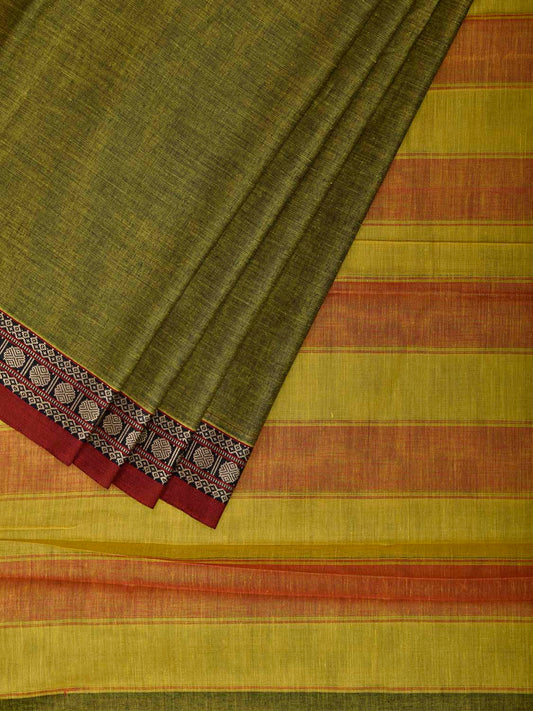 Green and Yellow Narayanpet Cotton Plain Saree with Strips Pallu Design No Blouse np1487