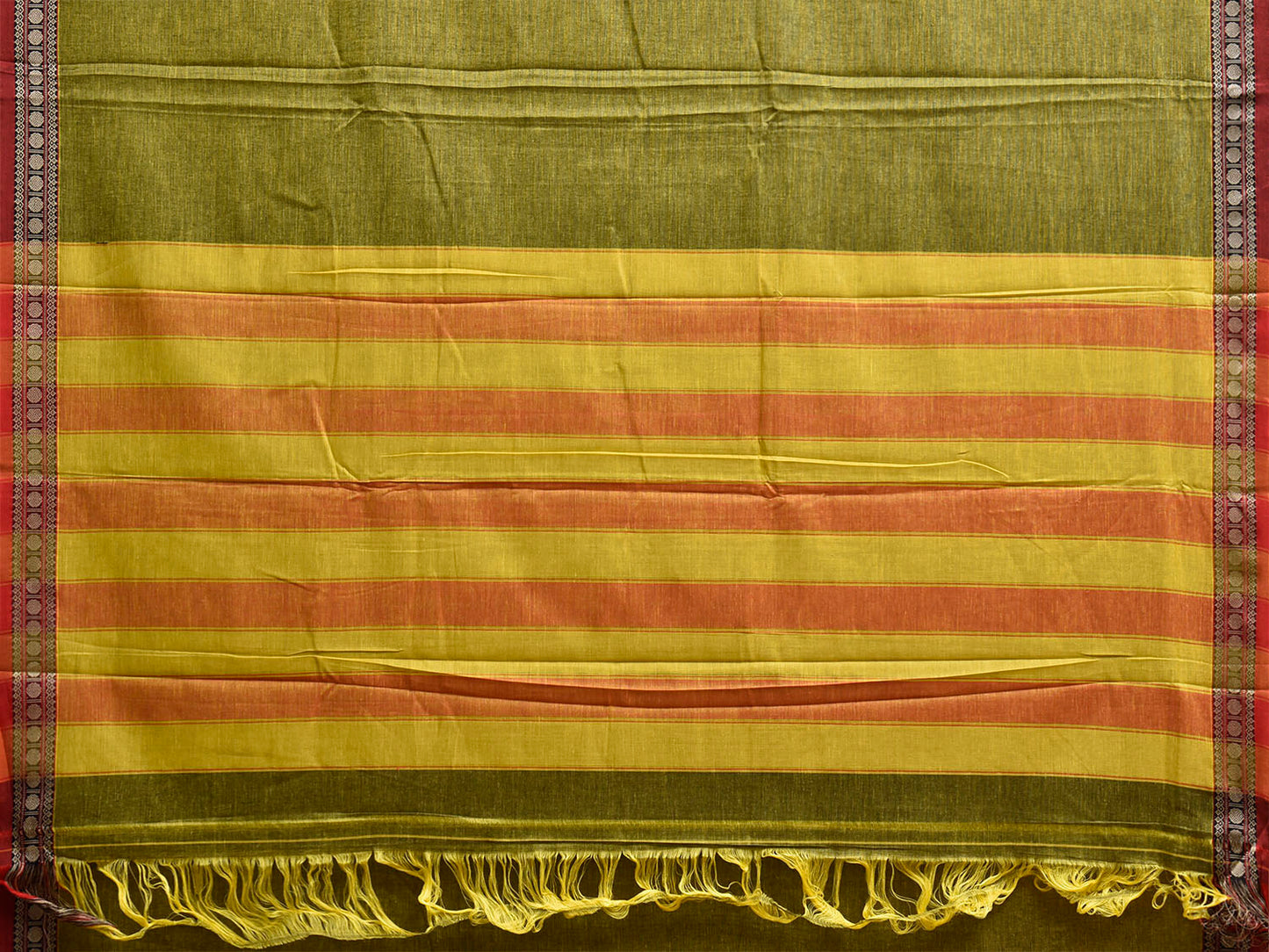 Green and Yellow Narayanpet Cotton Plain Saree with Strips Pallu Design No Blouse np1487