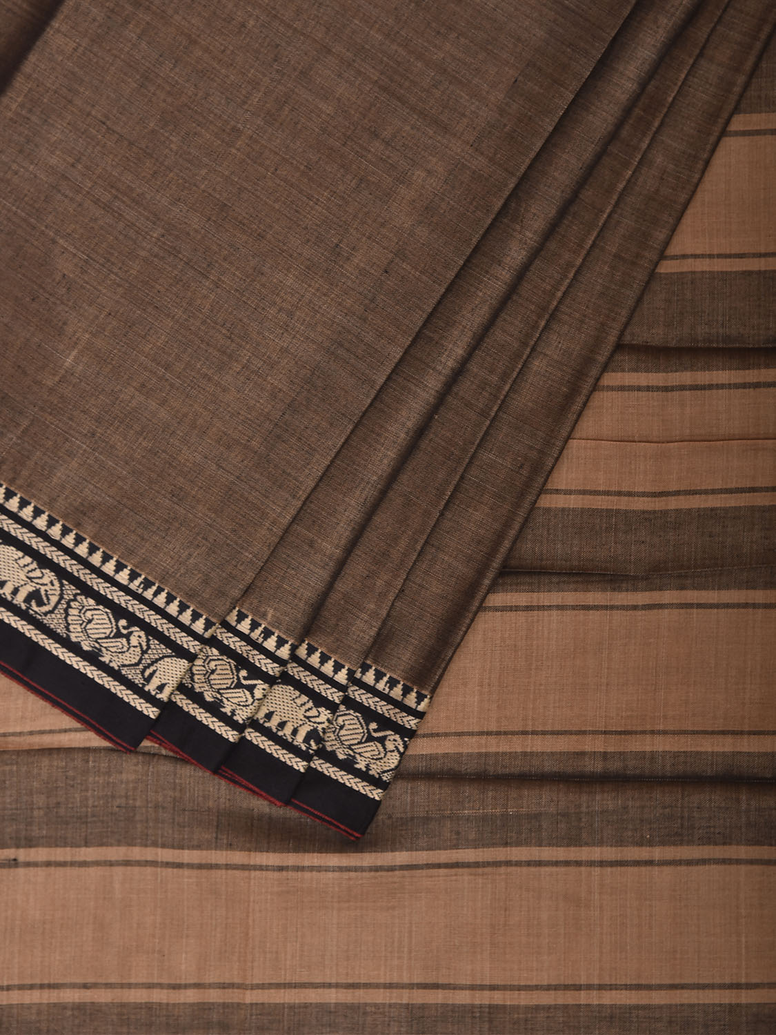 Khaki and Cream Narayanpet Cotton Plain Saree with Strips Pallu Design No Blouse np1488