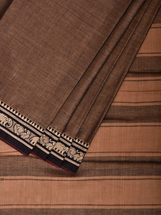 Khaki and Cream Narayanpet Cotton Plain Saree with Strips Pallu Design No Blouse np1488